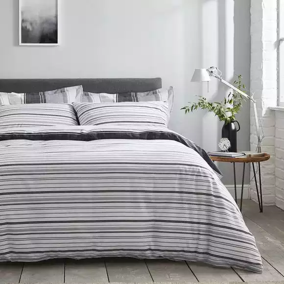 Dunelm Ellis Grey Stripe Reversible Duvet Cover And Pillowcase Set - Image 2