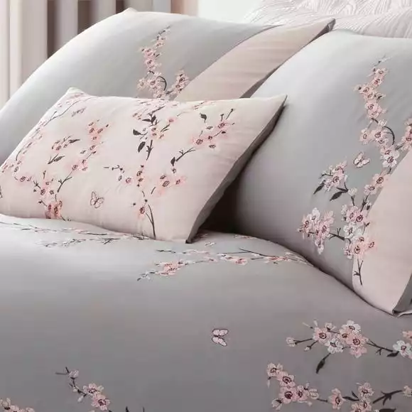 Catherine Lansfield Embroidered Blossom Grey Duvet Cover And Pillowcase Set - Image 2
