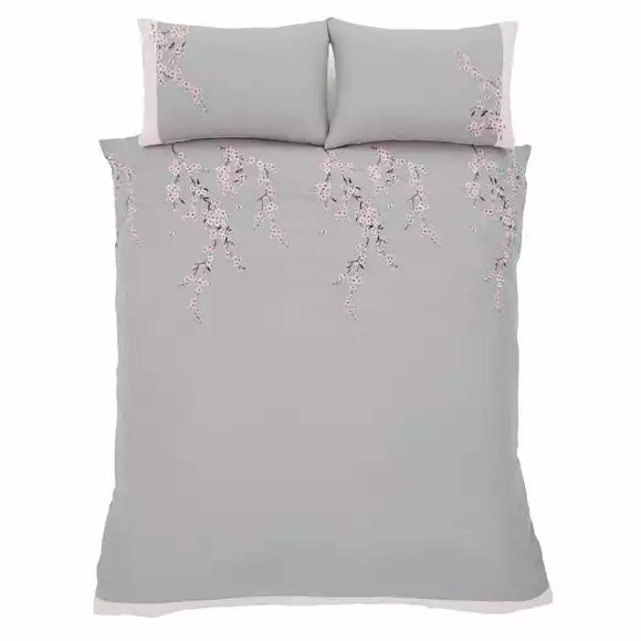Catherine Lansfield Embroidered Blossom Grey Duvet Cover And Pillowcase Set - Image 3