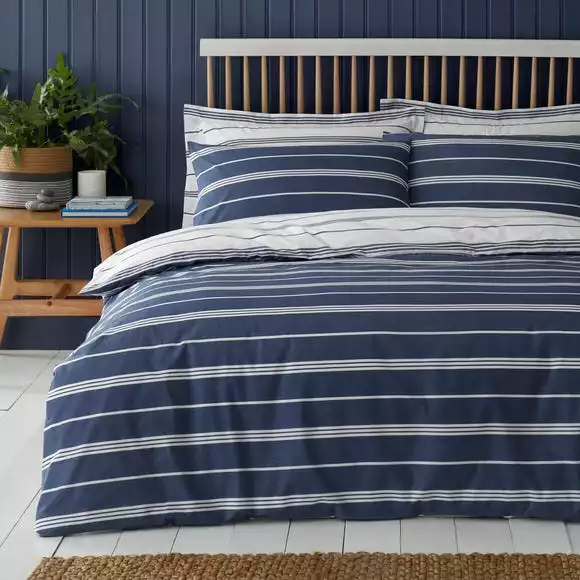 Dunelm Falmouth Navy Striped Reversible Duvet Cover And Pillowcase Set - Image 2
