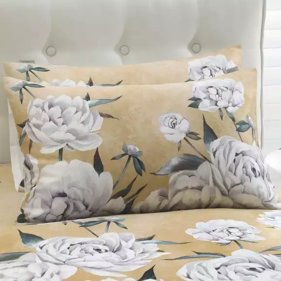 Avery Green Ava Floral Gold 100% Cotton Sateen Duvet Cover And Pillowcase Set - Image 2