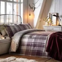 Dunelm Colville Check Plum 100% Brushed Cotton Reversible Duvet Cover And Pillowcase Set