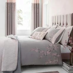 Catherine Lansfield Embroidered Blossom Grey Duvet Cover And Pillowcase Set