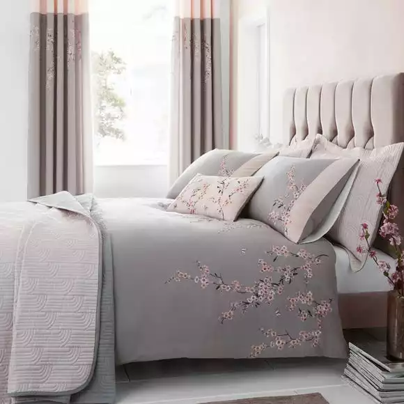 Catherine Lansfield Embroidered Blossom Grey Duvet Cover And Pillowcase Set