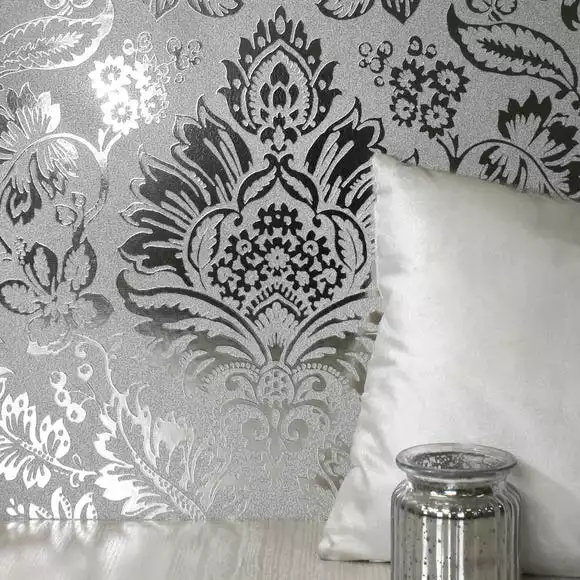 Fine Décor Wallpaper Platinum Damask Silver Vinyl Wallpaper