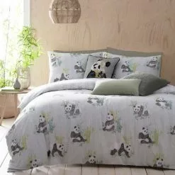 Riva Home Furn. Pandas Green Reversible Duvet Cover And Pillowcase Set