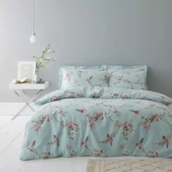 Dunelm Beautiful Birds Duck-Egg Duvet Cover And Pillowcase Set