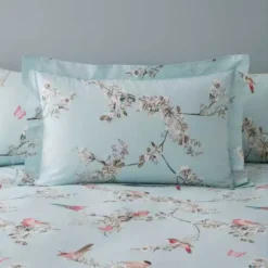 Dunelm Beautiful Birds Duck-Egg Oxford Pillowcase