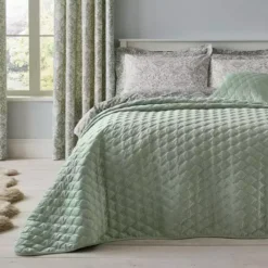 Dunelm Evesham Green Quilted Velvet Bedspread