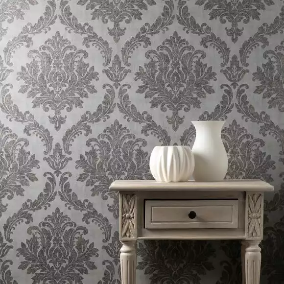 Crown Wallpaper Tulsa Damask Charcoal Vinyl Wallpaper
