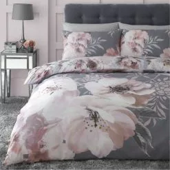 Catherine Lansfield Dramatic Floral Grey Duvet Cover And Pillowcase Set
