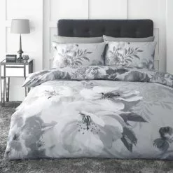 Catherine Lansfield Dramatic Floral Silver Reversible Duvet Cover And Pillowcase Set