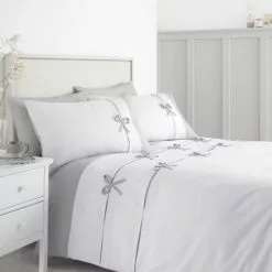 Catherine Lansfield Milo Bow White And Grey Duvet Cover And Pillowcase Set
