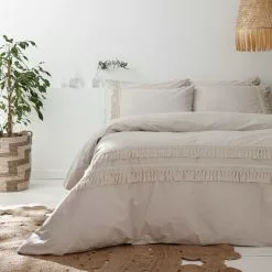 Pineapple Elephant Izmir Stone Grey Tassel 100% Cotton Duvet Cover And Pillowcase Set