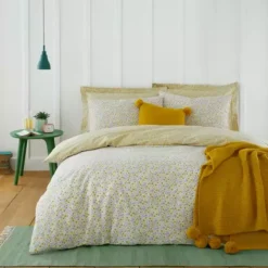 Dunelm Bessie Ditsy Floral Ochre 100% Cotton Reversible Duvet Cover And Pillowcase Set