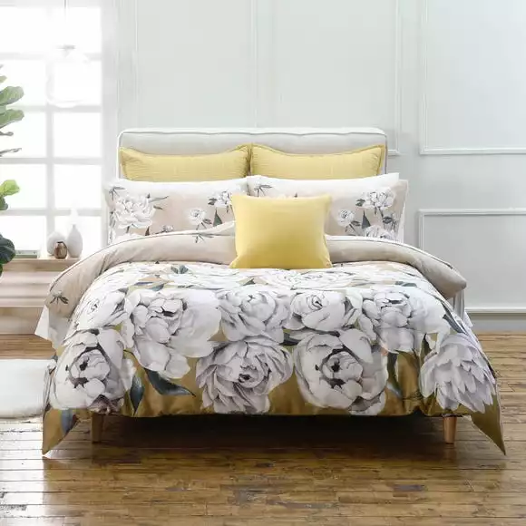 Avery Green Ava Floral Gold 100% Cotton Sateen Duvet Cover And Pillowcase Set