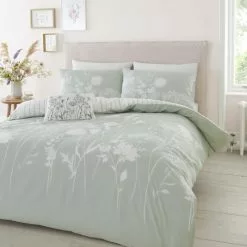 Catherine Lansfield Meadowsweet Floral Green Reversible Duvet Cover And Pillowcase Set