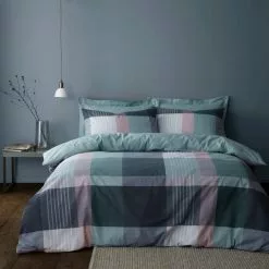 Dunelm Acton Check Teal Duvet Cover And Pillowcase Set