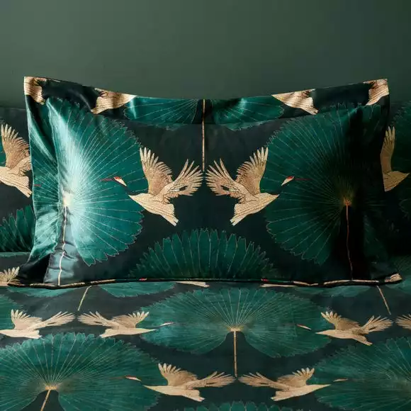Dunelm Luxe Cranes Emerald Oxford Pillowcase