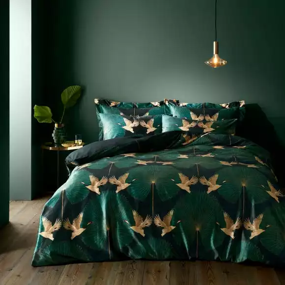 Dunelm Luxe Cranes Emerald Oxford Pillowcase - Image 2