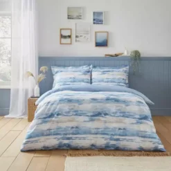 Dunelm Watercolour Landscape Blue Duvet Cover And Pillowcase Set